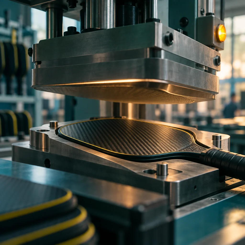 Heat-press molding machine closing on a carbon-fiber paddle face
