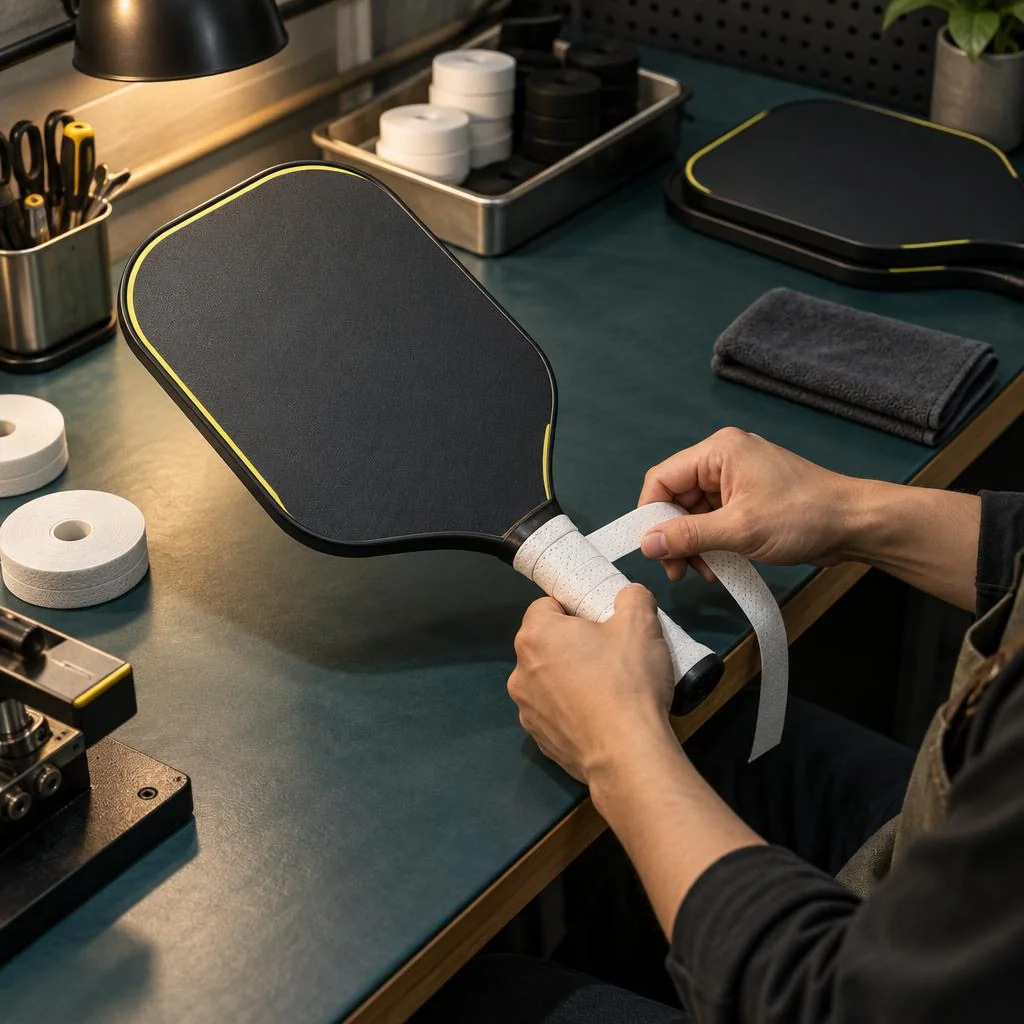 Worker wrapping overgrip tape around a finished paddle handle at an assembly workstation, stage 07