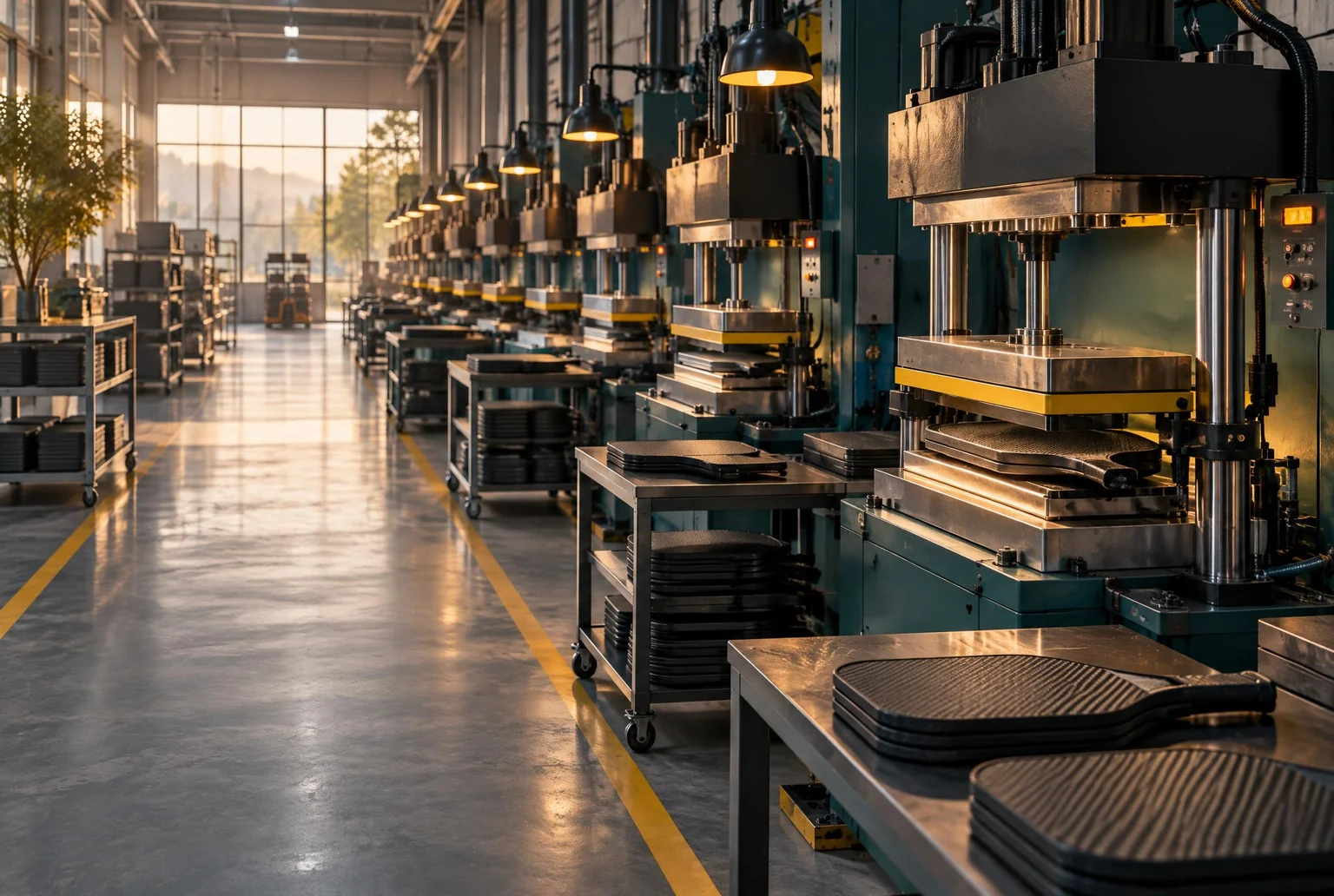 Row of heat-press molding machines in a paddle factory workshop under warm industrial lighting