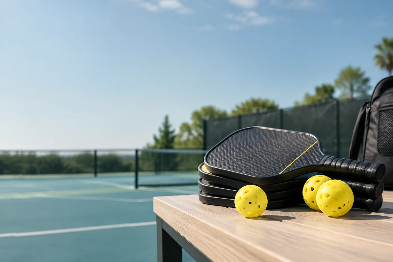 Stack of carbon-fiber pickleball paddles and pickleballs on a table beside an outdoor court