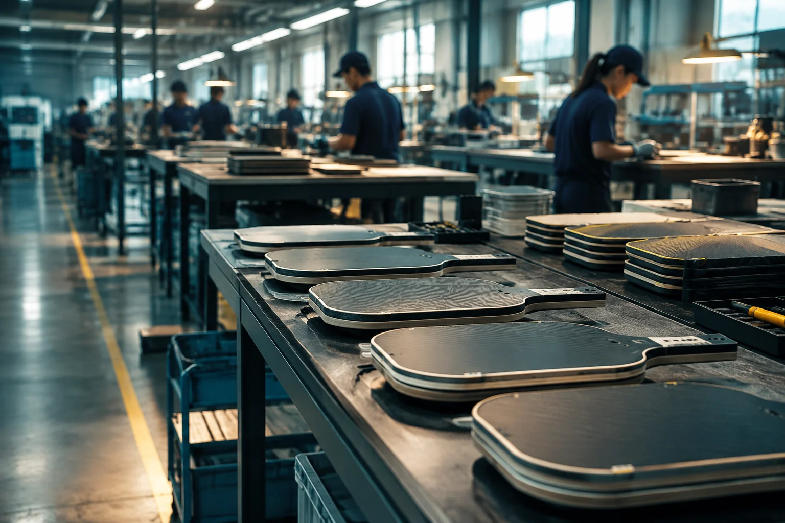 Interior of a pickleball paddle manufacturing factory floor