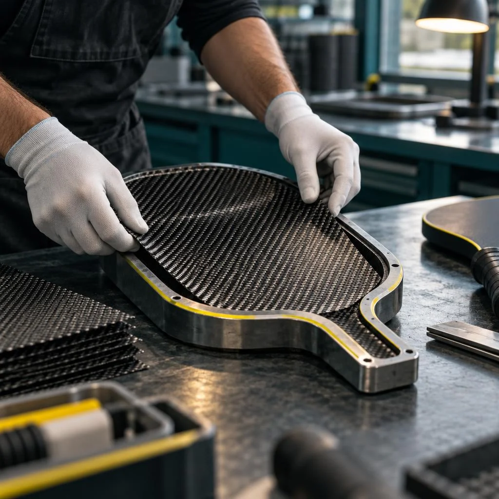 Gloved hands laying woven carbon-fiber fabric into a paddle mold at the layup station, stage 02