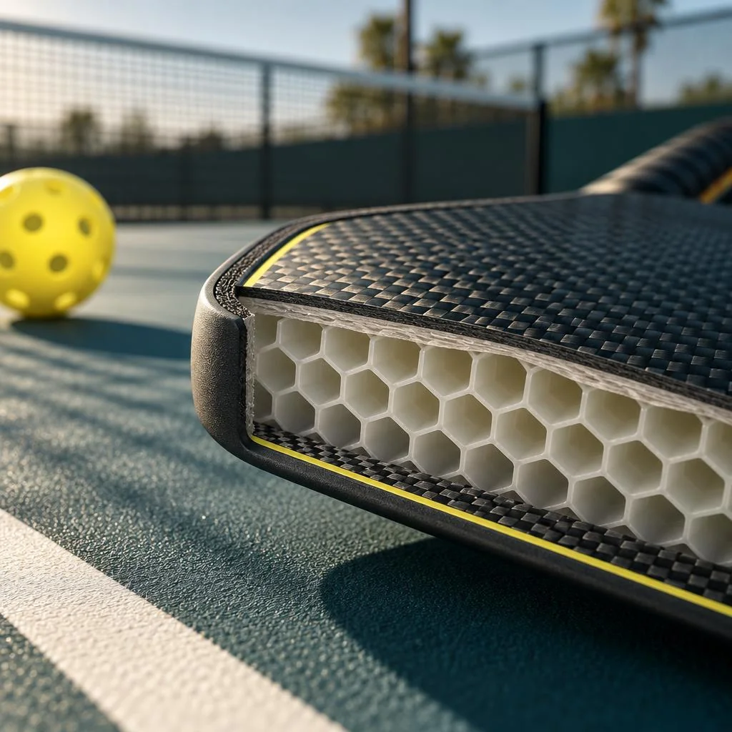 Cross-section of a pickleball paddle core showing carbon fiber and honeycomb layers