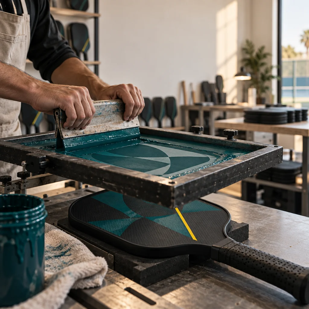 Screen-printing station pulling a squeegee across a paddle face to apply graphics, stage 06