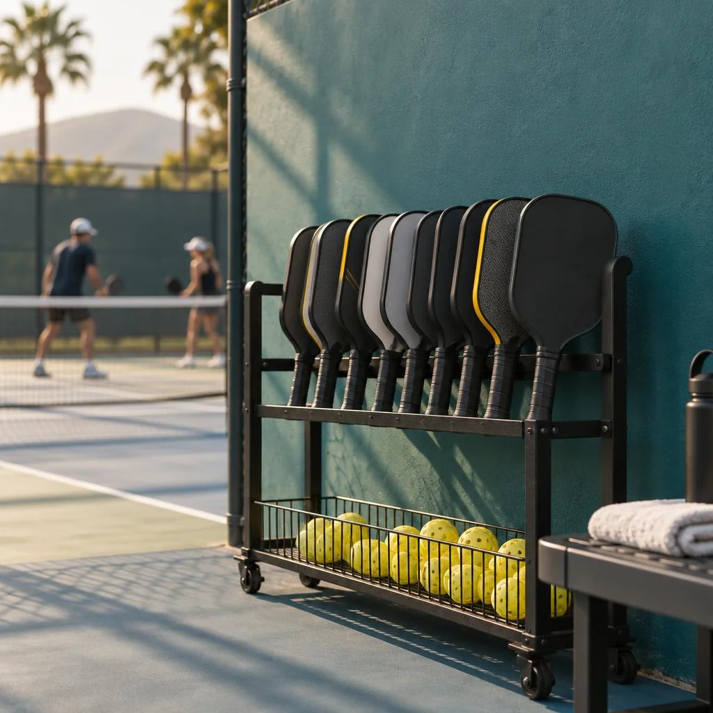 Rack of pickleball paddles for club and facility bulk use