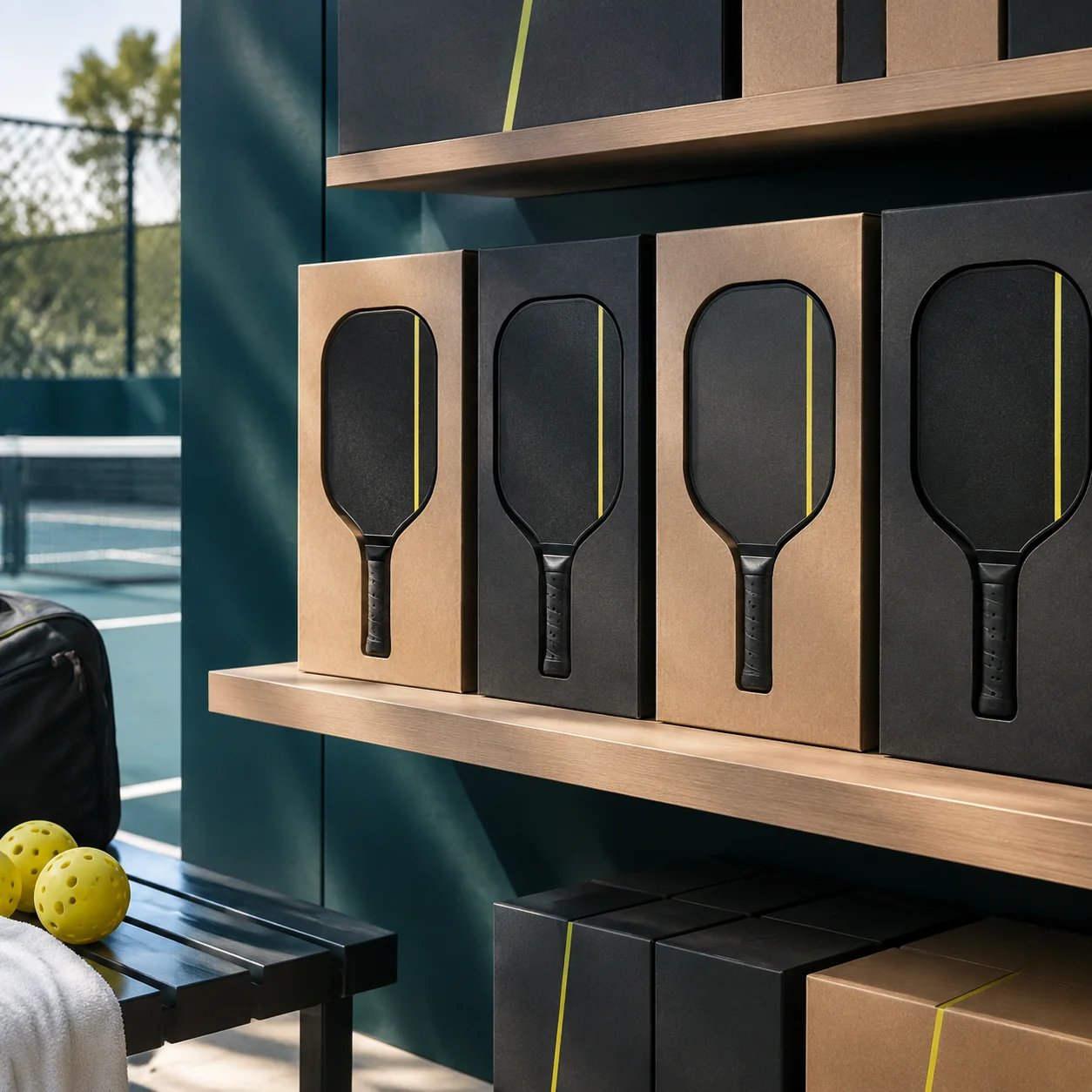Retail shelf with unbranded pickleball paddle packaging
