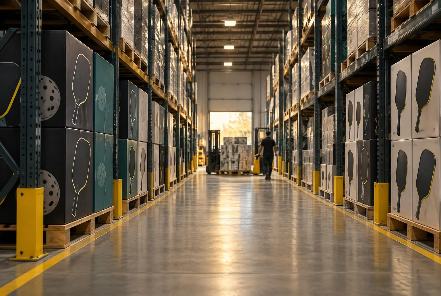 Warehouse racks of stacked finished paddle cartons staged for dispatch